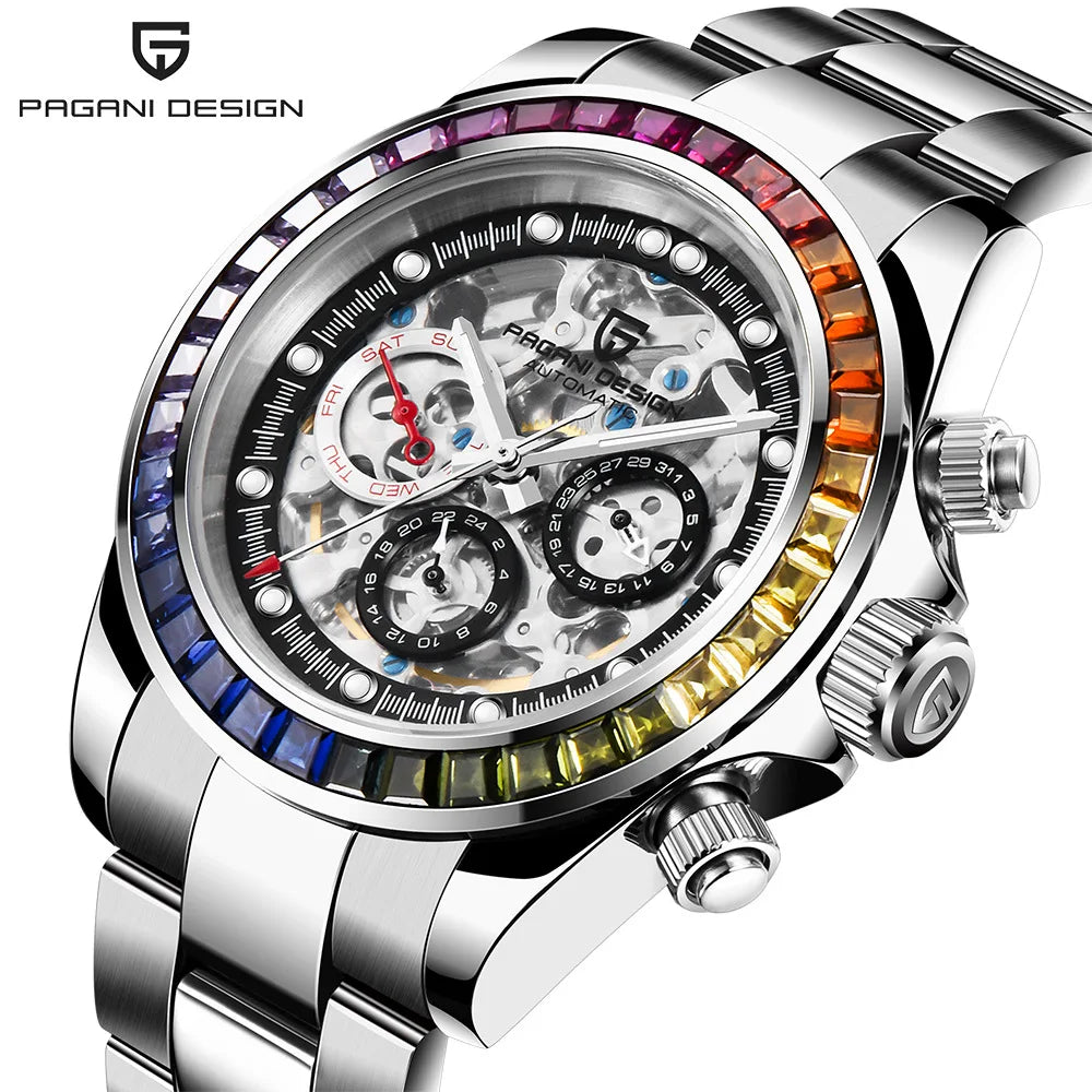 PAGANI Design – Reloj Automático Skeleton Rainbow | Cristal de Zafiro