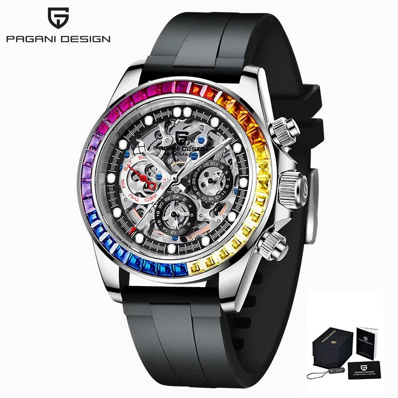 PAGANI Design – Reloj Automático Skeleton Rainbow | Cristal de Zafiro