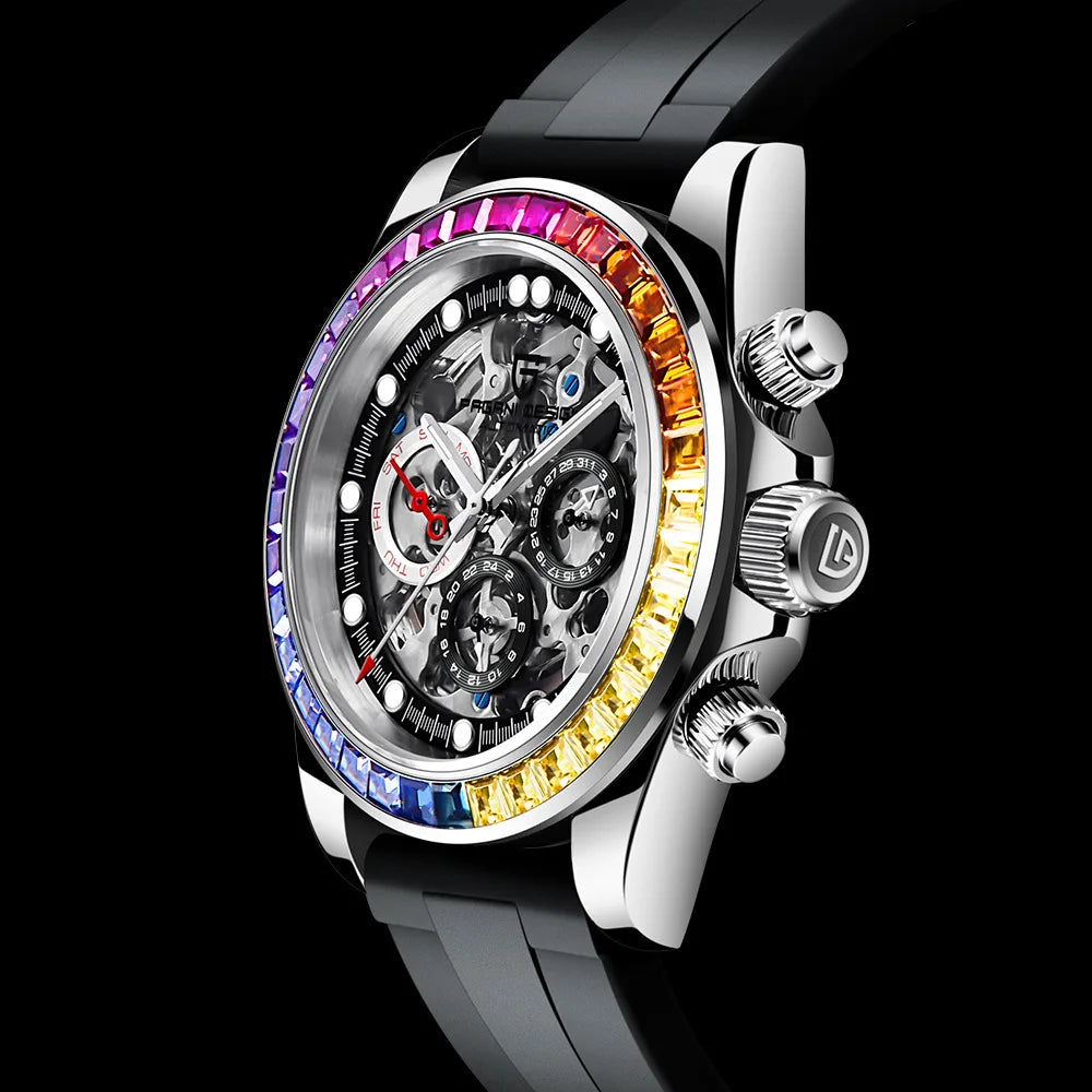 PAGANI Design – Reloj Automático Skeleton Rainbow | Cristal de Zafiro