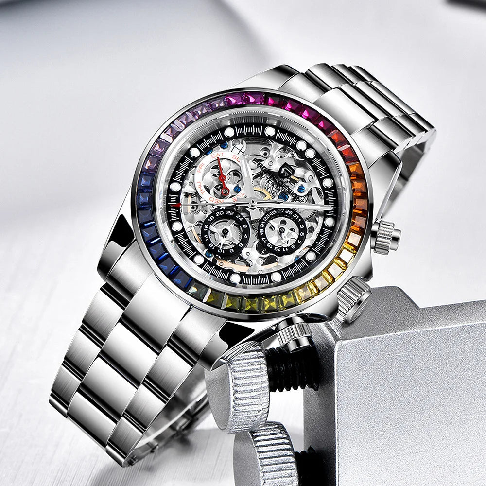 PAGANI Design – Reloj Automático Skeleton Rainbow | Cristal de Zafiro