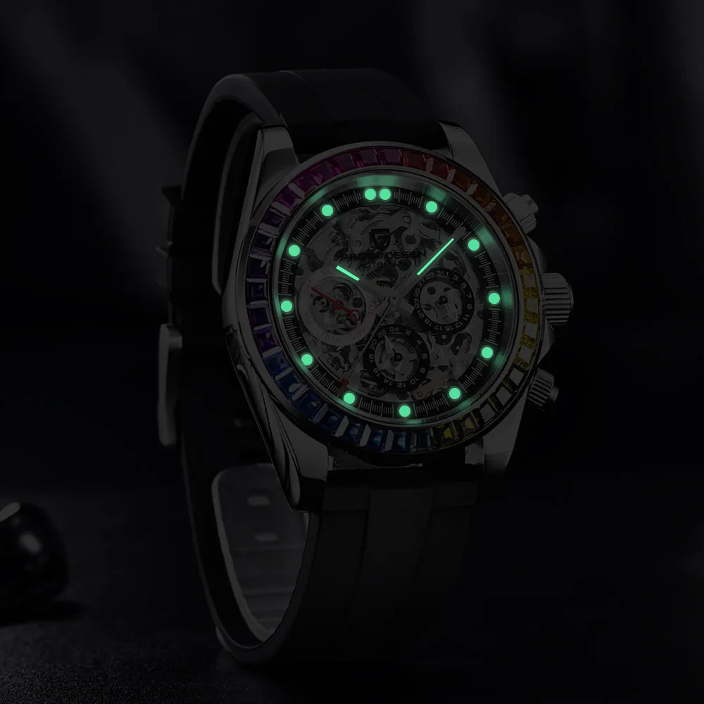 PAGANI Design – Reloj Automático Skeleton Rainbow | Cristal de Zafiro