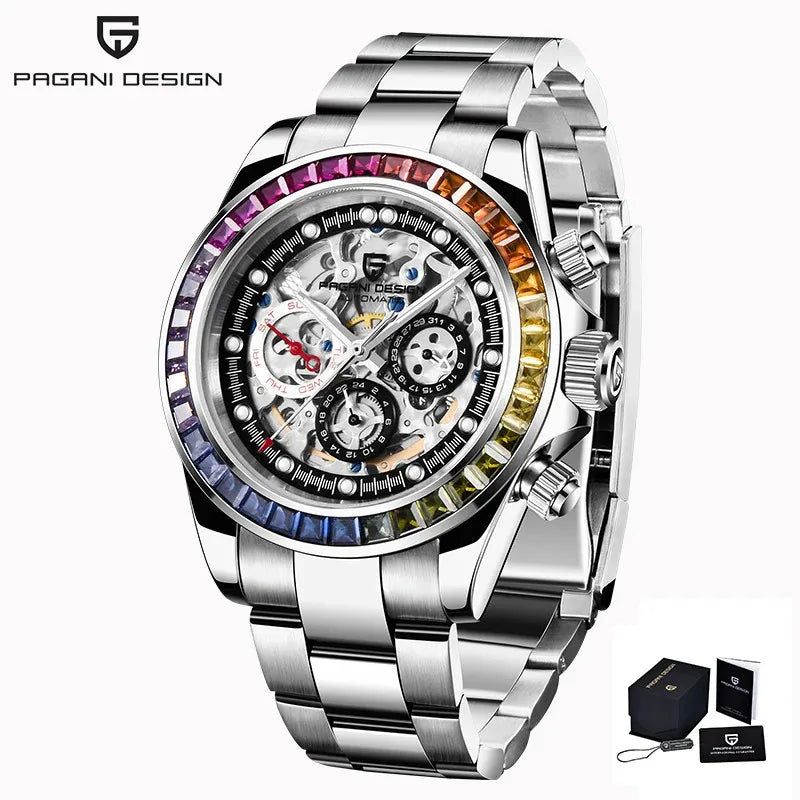 PAGANI Design – Reloj Automático Skeleton Rainbow | Cristal de Zafiro